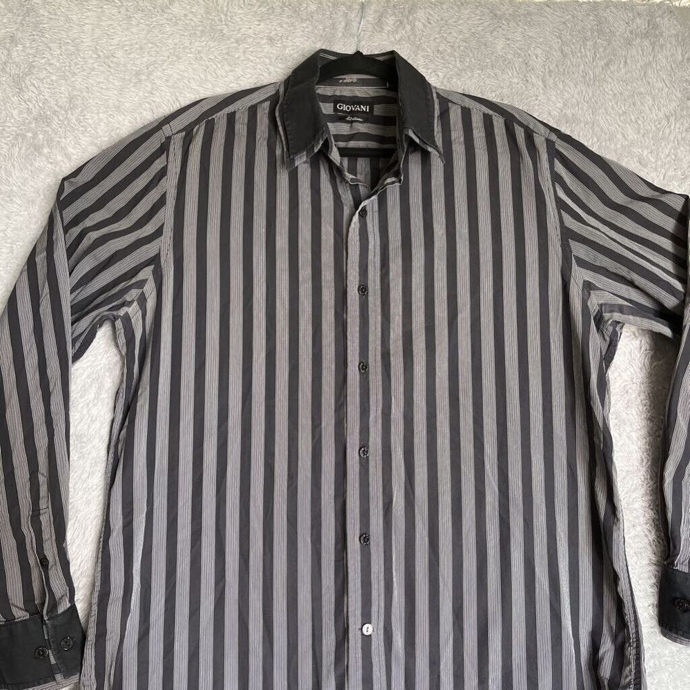 Giovani Dress Shirt Men's 17.25/44 Black Gray Striped Slim Fit‎ Spread Collar